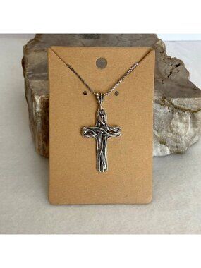 Sterling Silver 925 PAZ Israel Brutalist Style Cross Pendant Necklace 18" Chain